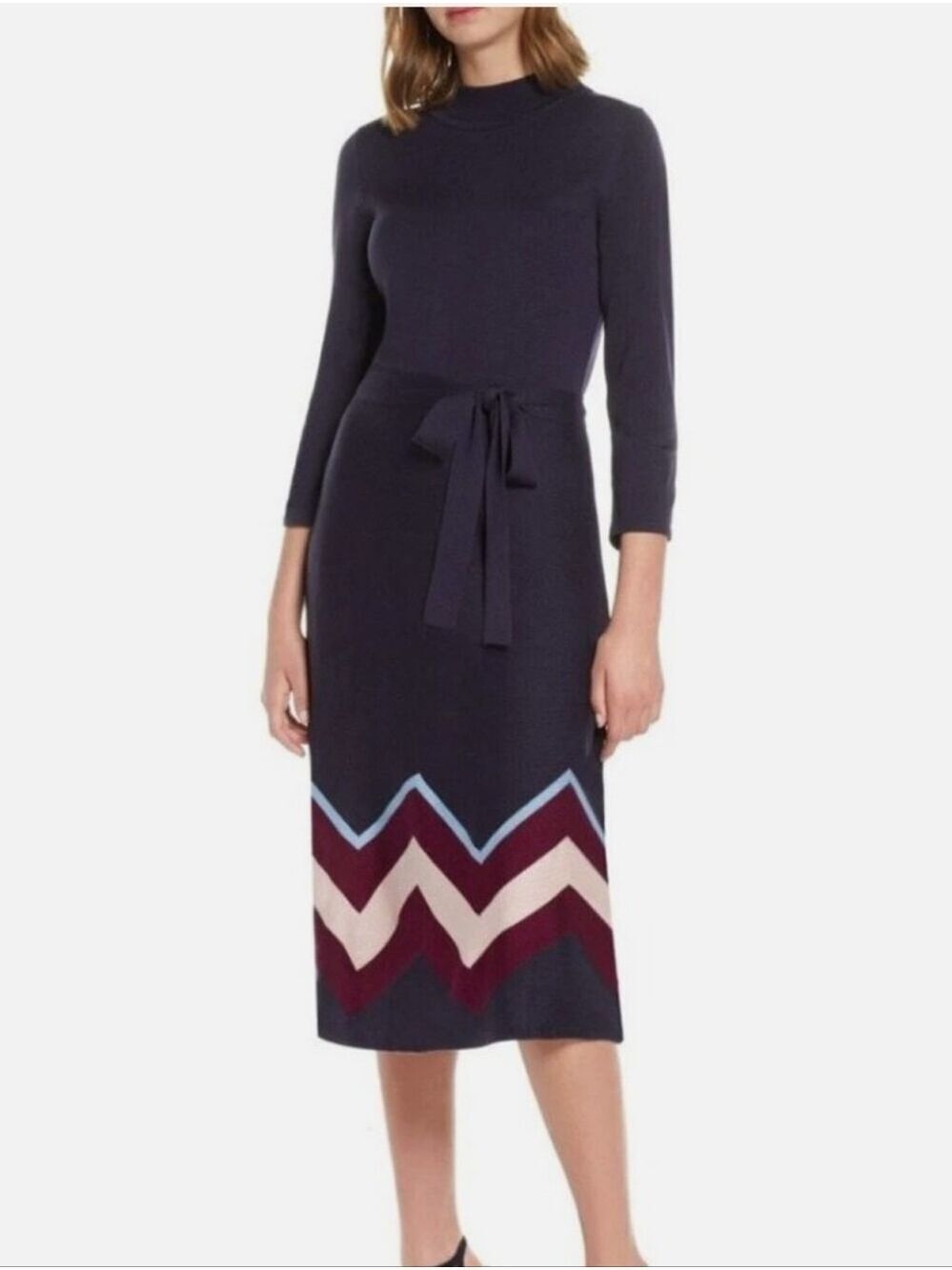 Vince Camuto Petite Navy Blue Knit Sweater Dress Mock Neck Belted Chevron Hem PS
